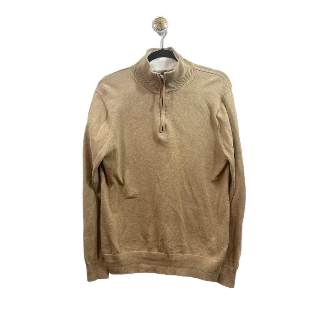 J.Crew Sweater Mens Size Medium Beige Pullover Quarter Ribbed Collar Cotton